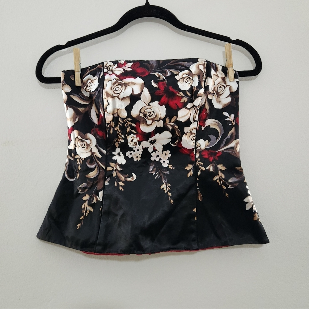 White House Black Market Floral Black and Red Corset Blouse